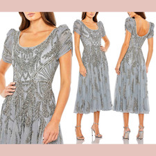 NWT $558 Mac Duggal [ 4 ] 5434 Short Sleeve Beaded A-line Tea Length Dress J833