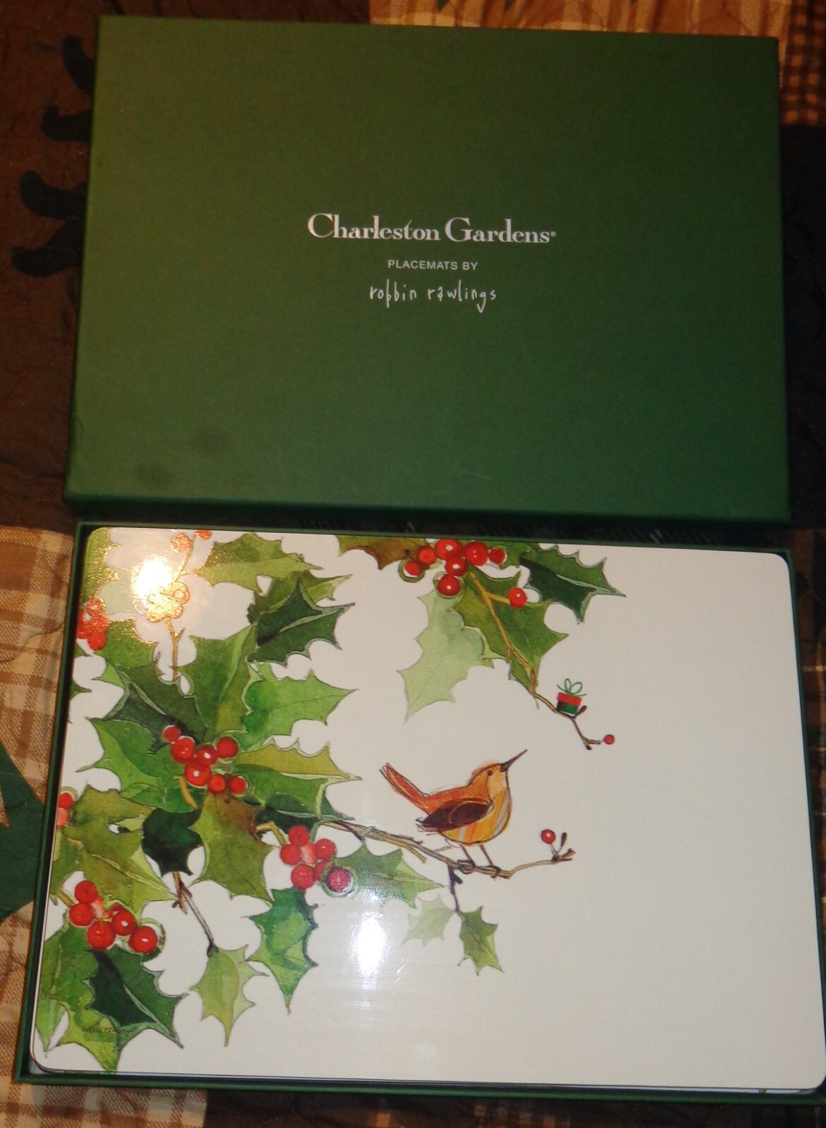 Charleston Gardens PLACEMATS Robbin Rawlings SET OF 4 WREN? Birds Holly