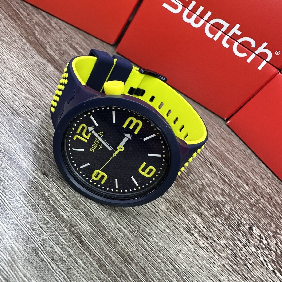 NEW✓ Swatch Big Bold BBNEON Navy Blue Neon Yellow Men's
