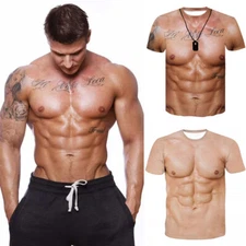 Men's Summer Strong Muscle 3D Print T-Shirt Funny Short Sleeve Fake Tattoo Tops