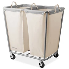 OPEN BOX - Commercial Divided Rolling Canvas Bin Laundry Hamper on Wheels,White