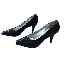 Vintage 90s St. John Black Silk Mirror Studded Pointed Toe Pumps Size 9.5