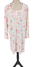 MISS ELAINE Nightwown SIZE 1X White Pink Roses Lettuce Hemline-Cuffs Excellent
