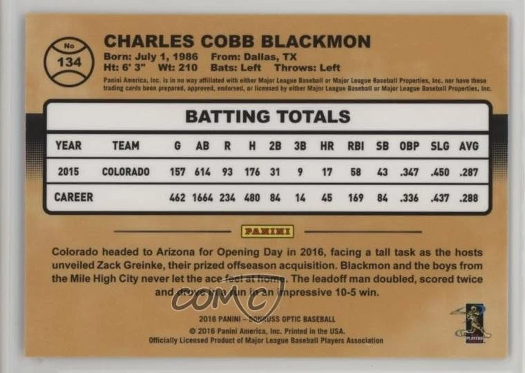 2016 Panini Donruss Optic Pink Charlie Blackmon #134 - Image 2 of 2
