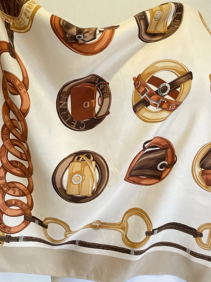 AS9#CELINE Paris 100% Seda Bufanda Vintage Bolso Ecuestre Estampado Beige Marrón Cuadrado Foto 3 de 4