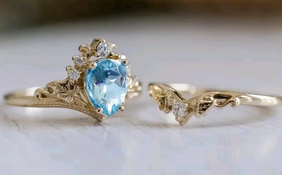 Conjunto de anillos de piedras preciosas azul claro joyería de moda de Navidad NUEVO envío gratuito TALLA 8 Foto 2 de 4