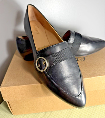 Ladies Emmett Trotter Loafers 9W Black Silver Buckle New with Box Leather Flats