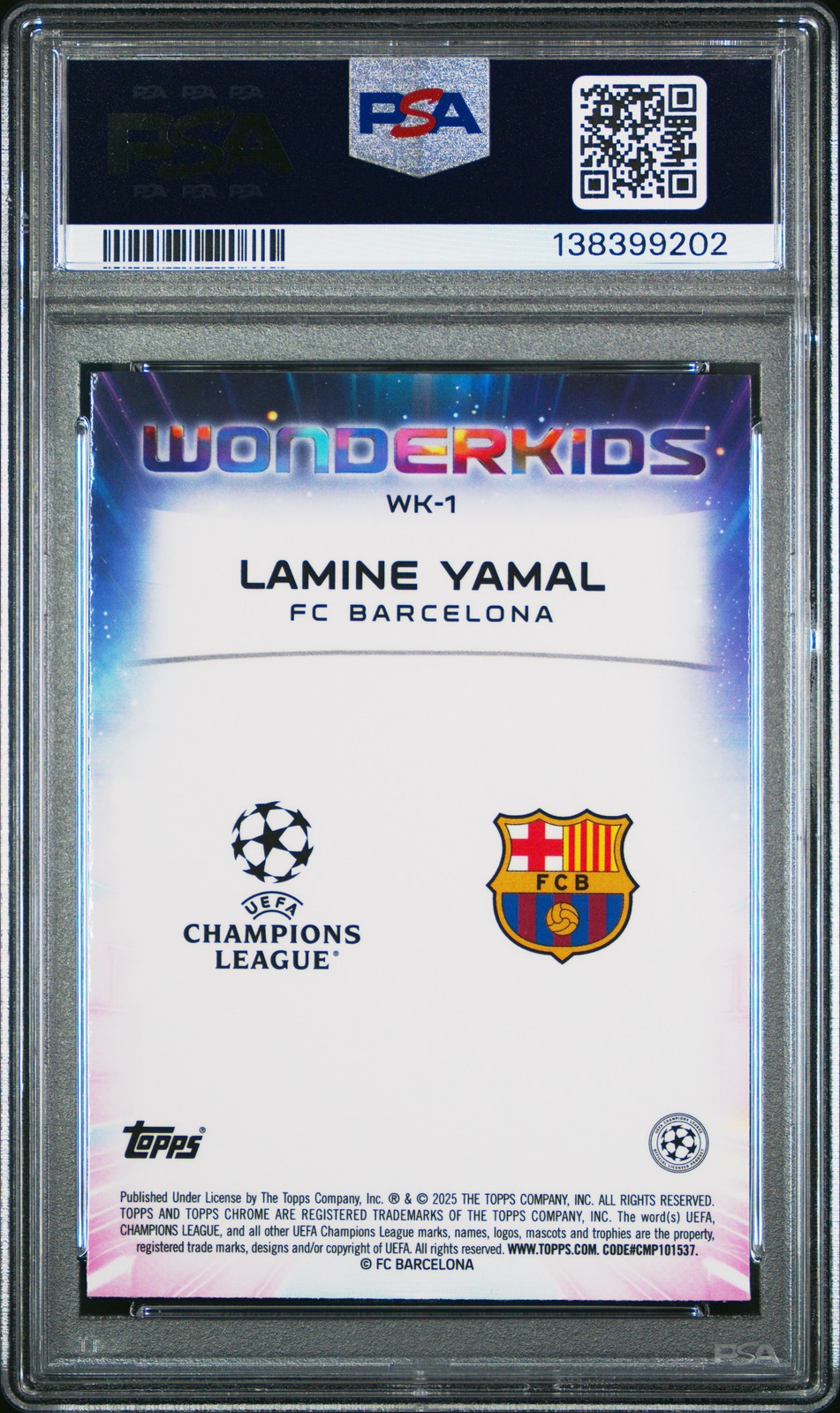 2024-25 TOPPS CHROME UEFA CLUB COMPETITIONS WONDERKIDS #WK1 LAMINE YAMAL PSA 7 view 2