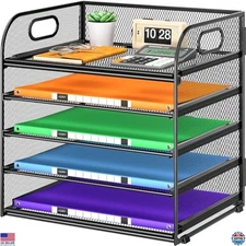 5-Tier Metal Mesh Paper Organizer with Handle for Office & Classroom Storage