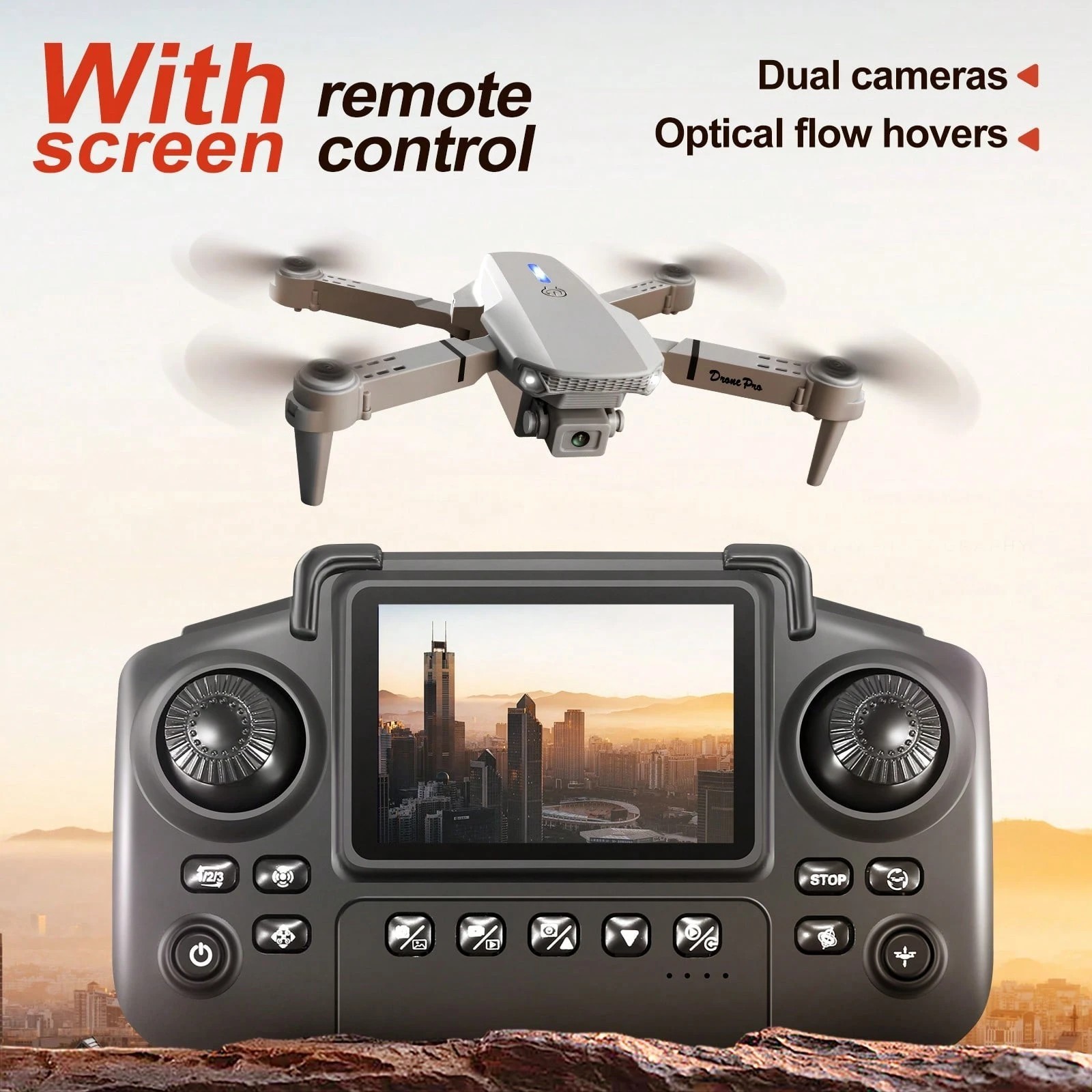 Drone w/ Screen Remote Control Dual Camera Beginner Quadcopter Portable Travel