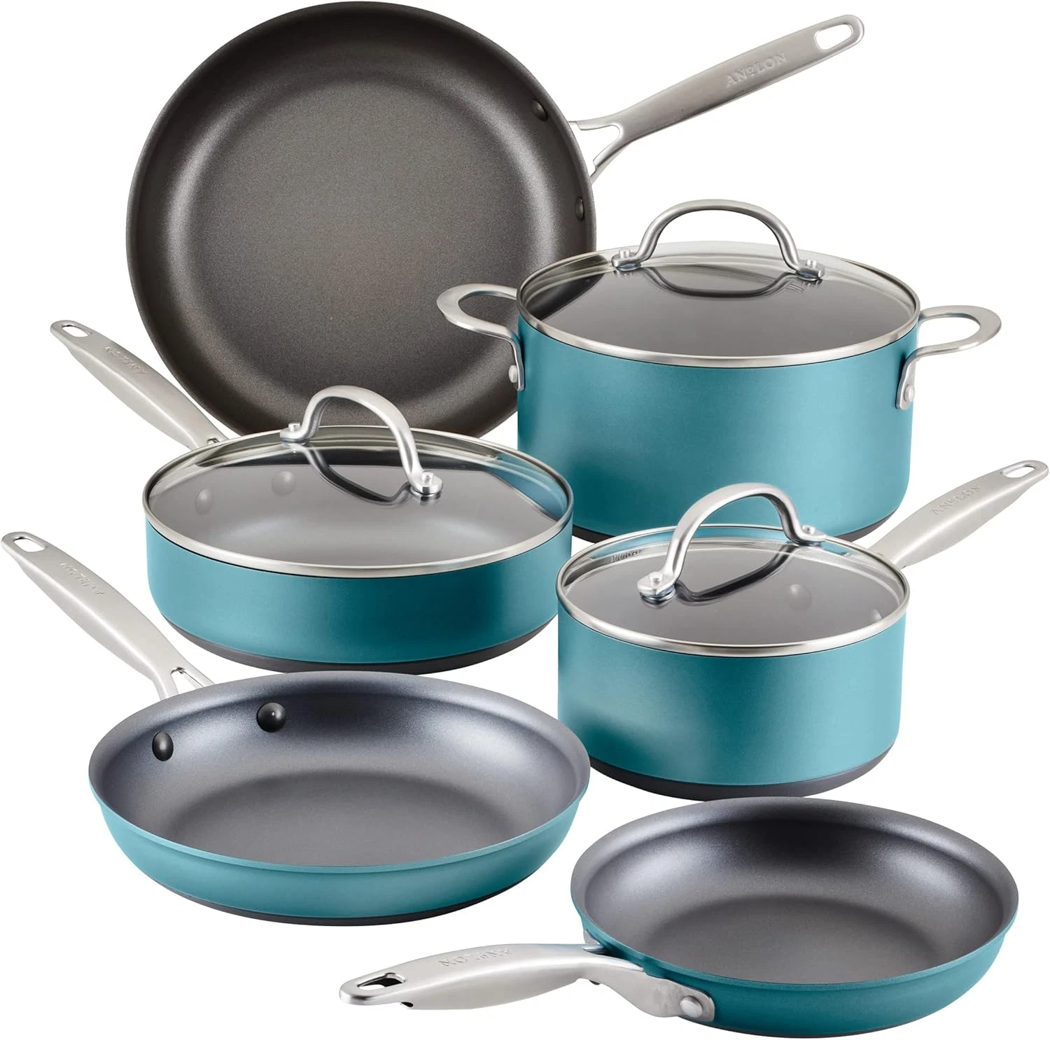 Stylish Teal 9-Piece Hard Anodized Nonstick Cookware Set - Durable & Chic