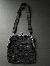 Antique Victorian Crochet Mourning Purse Bag Silver Tone Frame Handbag Black