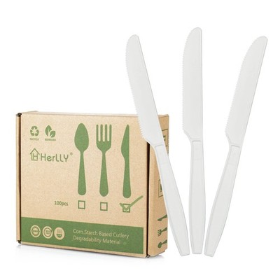 HERLLY Compostable Knife,100 Biodegradable Silverware for Party, Large Dispos...