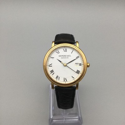 Raymond Weil Mens Watch 33mm White Dial Gold Tone Black Leather