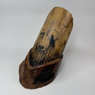 Hand Carved Wolf Sculpture | Wolf Face & Howling Wolf Moon Art, Rustic Decor