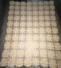 Antique French Beige Hand Crocheted And Embroidered Tablecloth 86 x 64"