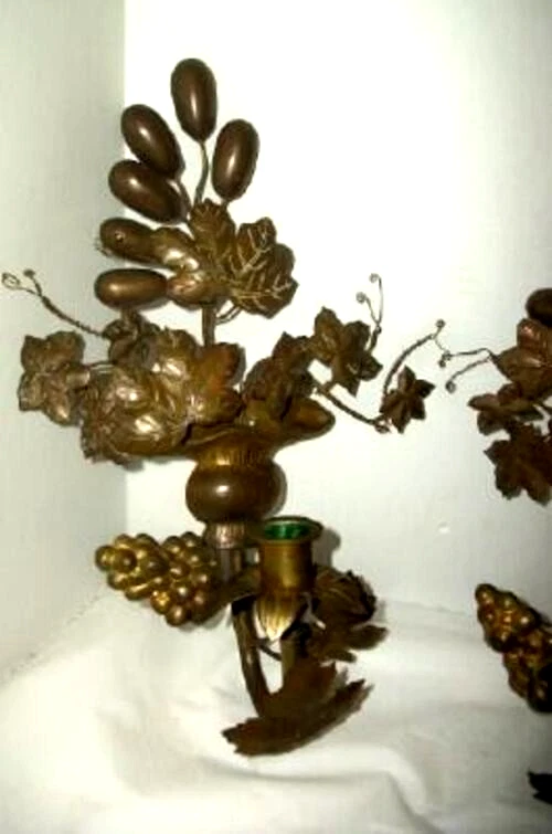 1890s French Chruch Altar Bronze Sconces Candle Grapes Flowers Vase Antique Rare - Image 2 of 4
