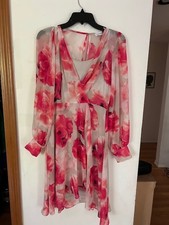 Calvin Klein wrap dress pink florals white background, sheer with slip,