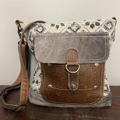 Myra Bag Hair On Hide Leather Tooled Western Boho Crossbody Purse Cowhide