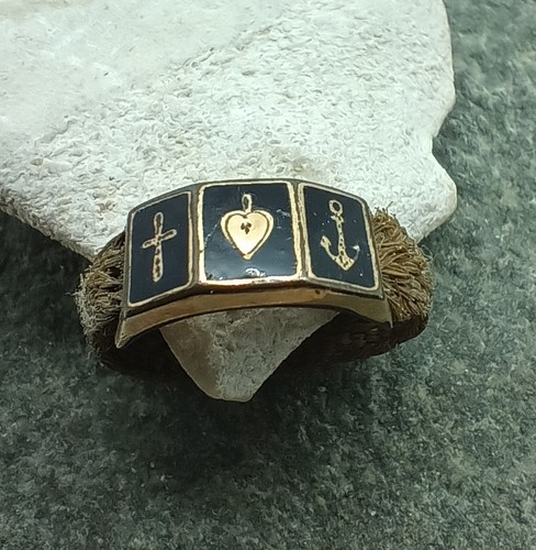 Victorian Era Hair Black Enamel Ring Faith, Hope & Chariry