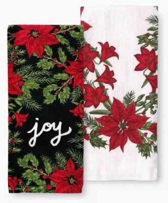 St Nicholas Square Yuletide Poinsettia Joy Christmas Kitchen Towels - Set of Two