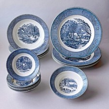 Currier & Ives Blue by Royal China USA - 1960s Plates & Bowls - Great Condition