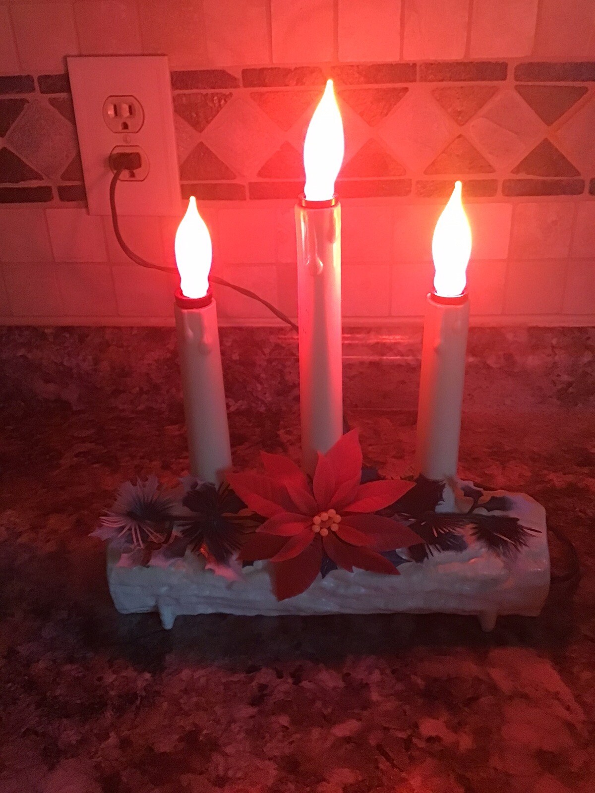 Vintage Christmas Yule Log & Candles Union Products 3 Lights with Box