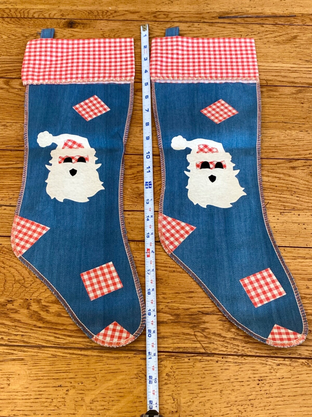 Two Vintage Handmade Christmas Stockings Santa Red Gingham Blue Jean