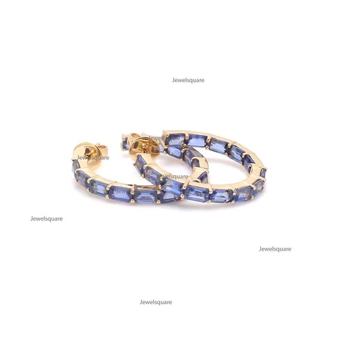 Emerald Cut Blue Sapphire 14k Gold Inside Outside Hoops Earrings Wedding Jewelry - Picture 7 of 8