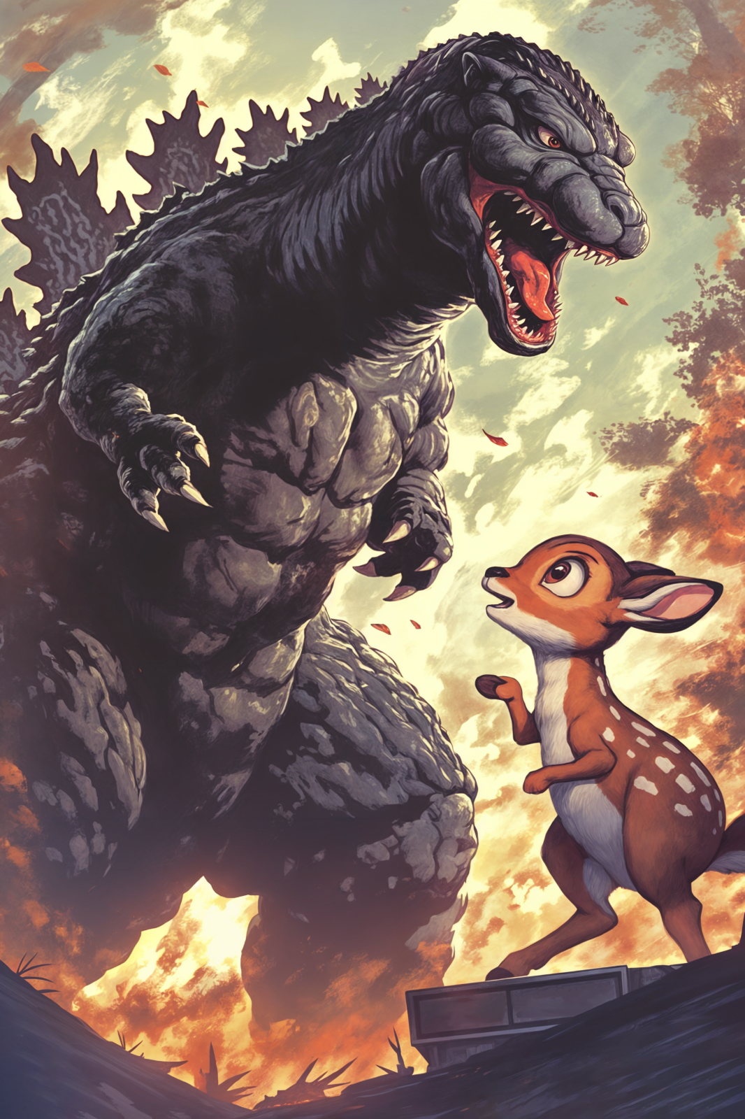 GODZILLA vs BAMBI Limited Edition 13x19 Horror Art Print 1/30 Monster Movie Fine Art