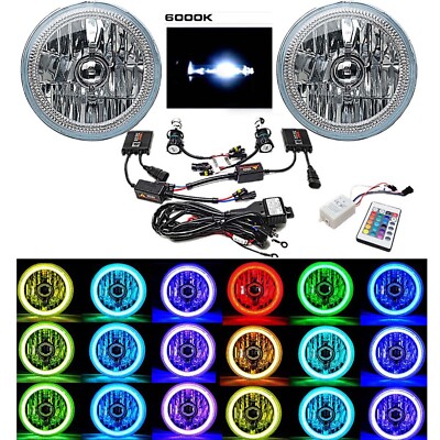 7'' Multi-Color White Red Blue Green LED COB Halo Angel Eye 6K HID Headlight Pair