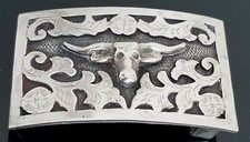 VTG LONGHORN WESTERN NICKEL SILVER HAND CHASED COWBOY BELT BUCKLE MADE MEXICO