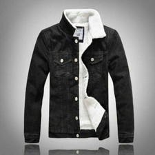UK Mens denim winter thick fur lined jacket fleece denim Coat Jacket outwear XXL
