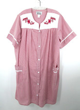 VTG ANTHONY RICHARDS House Dress L Red Stripe Floral Nightgown Patio Snap Front