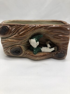Vintage Pixie on a Tree Log Planter Green Brown Ceramic MCM