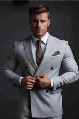 Men's Light Grey Double Breasted Suit, Tailored Fit Timeless Style for Occasions