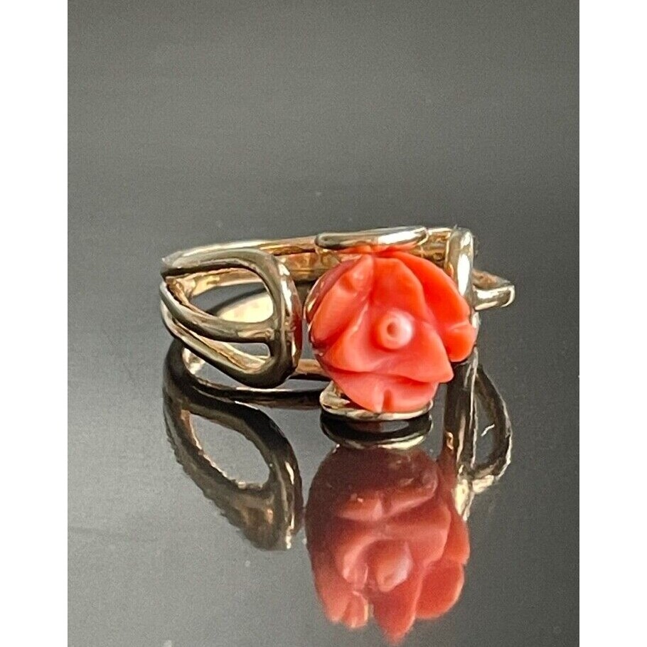 14K YELLOW GOLD CARVED CORAL FLOWER RING SIZE SKY