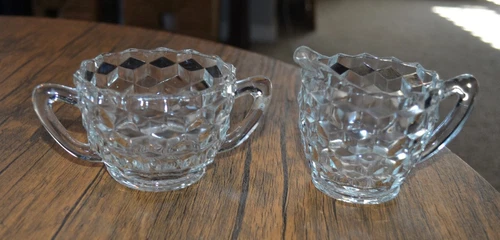Fostoria American Hexagonal Cream and Sugar Bowl Set Great Condition No Chips