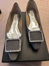 Badgley Mischka, new in box - 8 Dyanne -Pewter, Crystal Buckle, square toe flat,