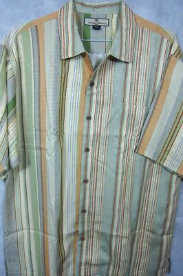 GORGEOUS Tommy Bahama Yellow Light Green Stripe 100% Silk Hawaiian Aloha Shirt L