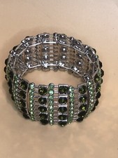 Silver Tone Green Rhinestone Crystal Stretch Bracelet - Bangle Wristband
