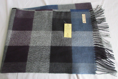 Eden  Pure Deluxe Cashmere Scarf Blue Gray Black Plum Check Made in Scotland NWT