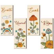 Yulejo 4 Pcs 60s 70s Retro Boho Floral Bathroom Wall Decor Orange Relax Soak ...