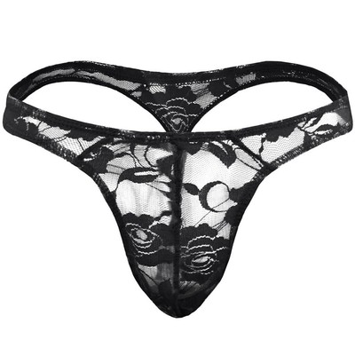 Herren G-String Spitzen Slips Sexy Low String Schwarz