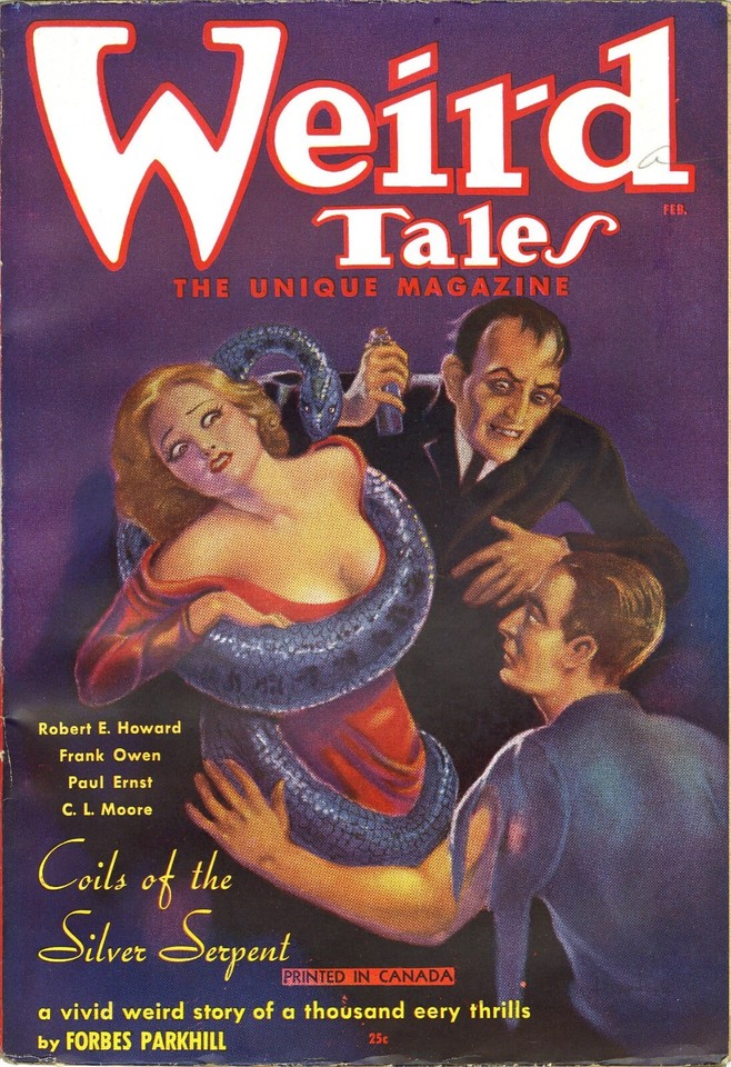 Pulp horror artwork from the 1930s Weird Tales magazine reproduced on a metal tin sign — creepy, atmospheric, and wall-ready.
