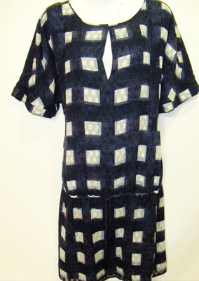 NWT Tory Burch Poplin Square Geometric Silk Erica Drawstring Lined Dress XL $450