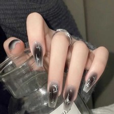 Black Smudge Fake Nails French Press on Nails Short Coffin Star Moon Nail Tips