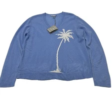 Alashan Sweater Womens L Blue Palm Tree Print Cashmere Pullover VNeck Preppy