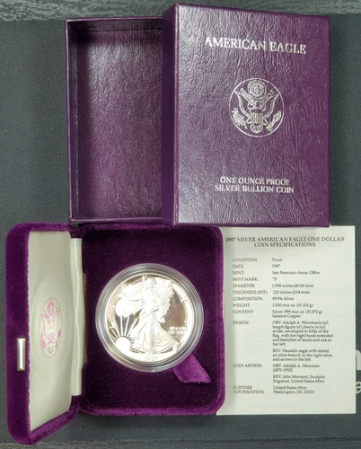 1987 US Proof Silver Eagle - 1 oz .999 Fine Silver Coin BOX & COA #2