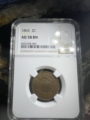 1865 US Two Cent Copper Coin NGC AU 58 BN Certified Philadelphia KM#94